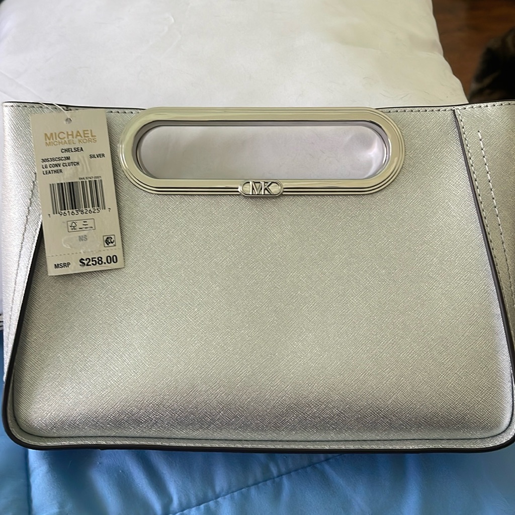 Nwt Michael Michael Kors Chelsea Large Leather Convertible Clutch In Silver